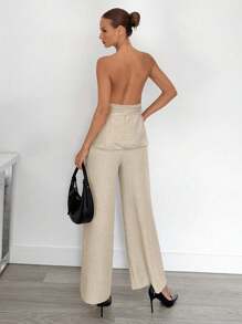 Siren Gaze Linen Sleeveless Suit For Women Summer Elegant Champagne Date,Old Money Style Solid Color Versatile Fashion Casual Classy Two Piece Set Beige,Formal - Apricot - View 2