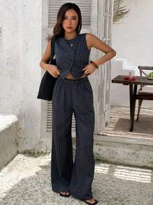 Livesso Women's Striped Crew Neck Sleeveless Top & Loose Casual Wide Leg Pant Set