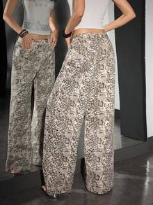 SHEIN EZwear 女式蛇皮纹阔腿宽松休闲牛仔裤 - 彩色 - 查看 3