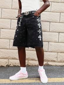 ROMWE MEN Street Life Men's Cross Rhinestone Embellished Denim Shorts, Suitable For Spring/Summer Everyday Wear - Black - View 7