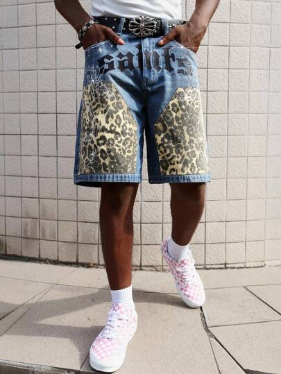 Street Life Bermuda di jeans da uomo alla moda con stampe leopardate e lettere, tasche