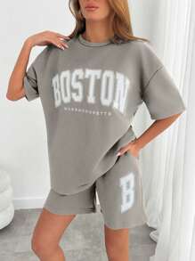 SHEIN PETITE Conjunto informal de dos piezas de camiseta y pantalones cortos 100% algodón Cottnline con bordado de Boston para mujer