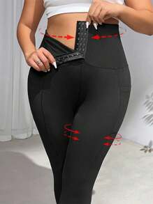 SHEIN PETITE CURVE 大码纯色前扣口袋紧身裤