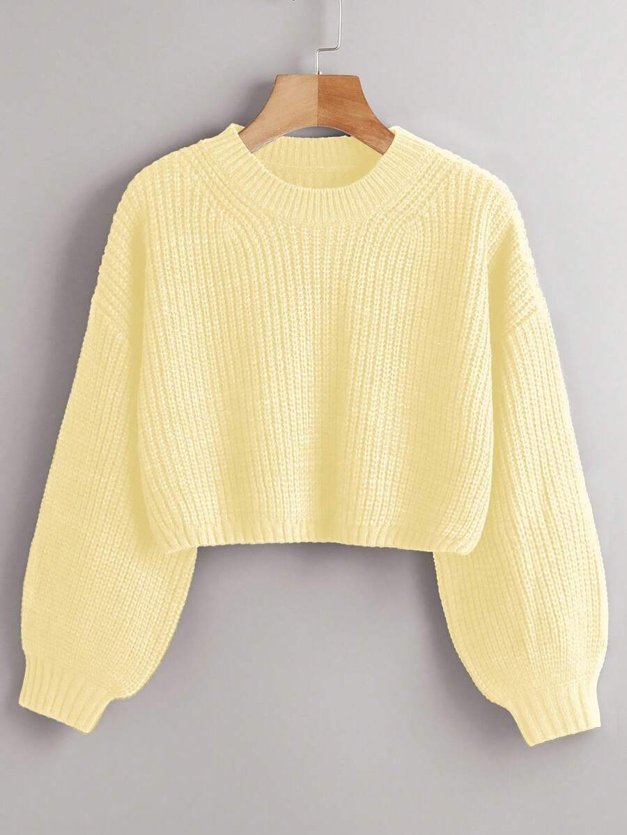 Franclia Suéter holgado de cuello redondo, manga larga y hombros caídos, informal y suelto, suéter corto de punto, suéter amarillo, suéter amarillo mantequilla, suéter de punto para mujer, otoño e invierno