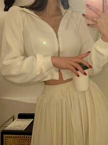 DAZY 街头休闲连帽卫衣，宽松收腰短款长袖上衣女装外套，秋季女装女式外套 - 白色 - 查看 7