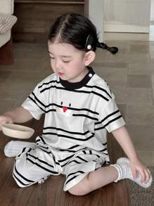 Dazy Kids Baby Girl Cartoon & Stripe Print Round Neck One-Piece Jumpsuit, Casual - White - View 4