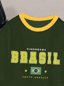 Camiseta de parche para hombres Manfinity Hypemode, con estampado de elementos y letras de fútbol de Brasil en verde y amarillo, manga corta con contraste de color de parche - Verde militar - Ver 5