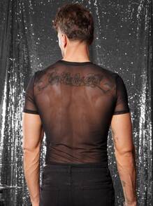 FeverCity Fever City 男士性感透明圆领短袖紧身T恤，夏季 - 黑色 - 查看 2