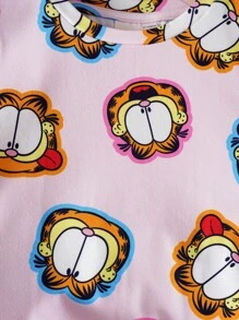 GARFIELD | SHEIN Bộ 2 áo phông in hình mèo hoạt hình dễ thương đáng yêu cho bé gái màu hồng và quần legging in chữ màu đen, phù hợp cho mùa xuân/hè, thể thao thường ngày và ngoài trời - Màu Hồng baby - Xem 4