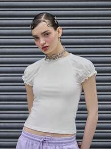 COUREZ 修身泡泡袖 T 恤/夏季上衣外出上衣休闲/Y2K 假期 - 白色 - 查看 2