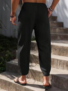 Manfinity RSRT 男士 100% 纯棉抽绳腰口袋休闲九分裤男士黑色亚麻裤男士抽绳裤黑色裤子男士休闲裤亚麻裤，秋季