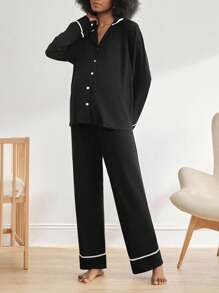 Moonlight&Mama Bộ đồ ngủ màu sắc dành cho bà bầu có cổ áo dài tay Quần dài Bộ đồ ngủ có đóng cửa một bên ngực - màu đen - Xem 4