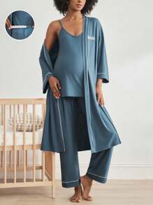 BloomMama 3 Stücke Umstandsmode-Set: Bademantel mit Kontrastbesatz und bestickten Buchstaben und lange Hose für den Hausgebrauch
