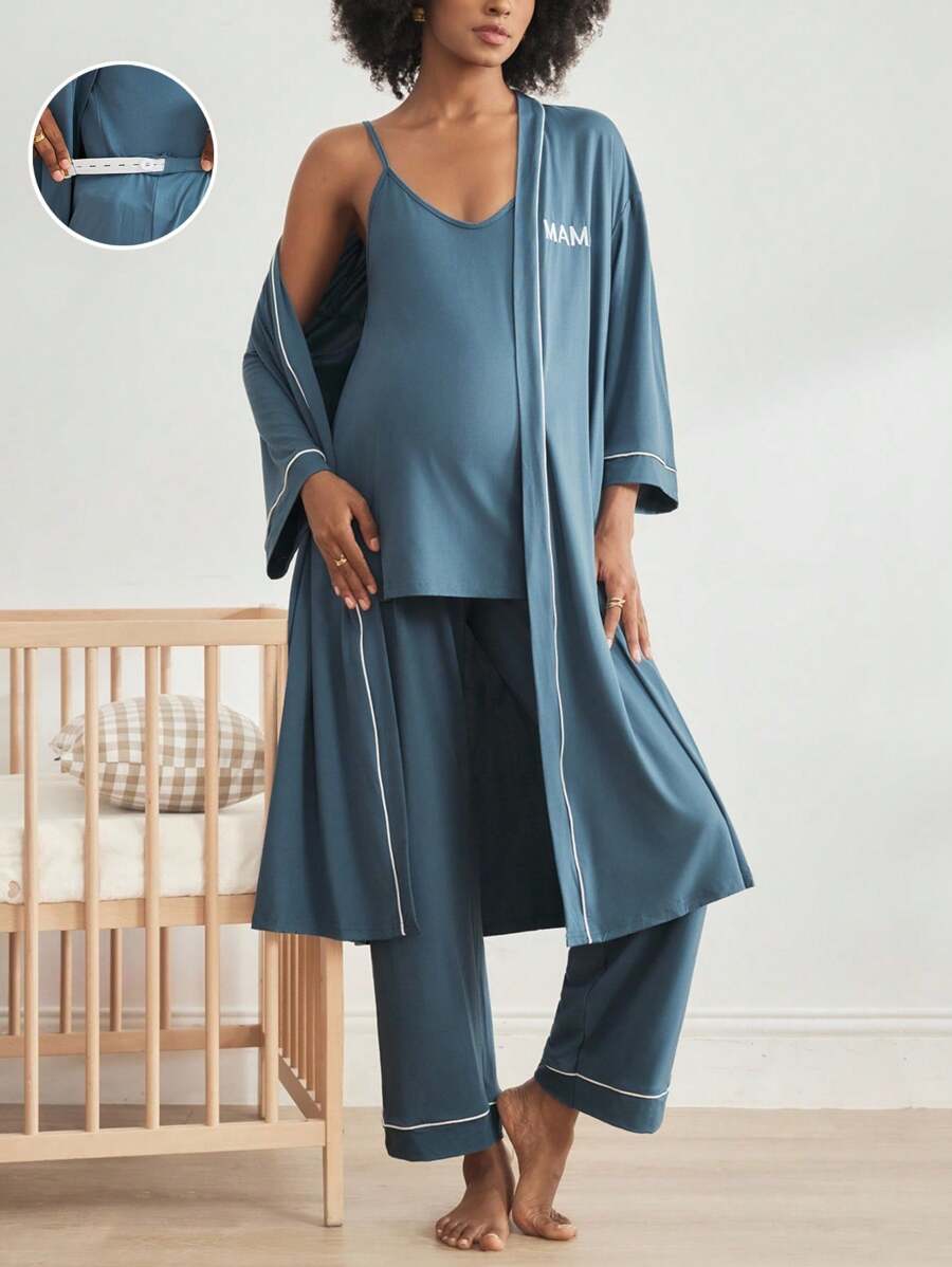 BloomMama 3 Stücke Umstandsmode-Set: Bademantel mit Kontrastbesatz und bestickten Buchstaben und lange Hose für den Hausgebrauch