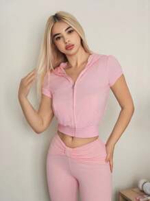 Sweetina Sudadera con capucha de manga corta, ajustada y de unicolor, para otoño/invierno - Rosa - Ver 3