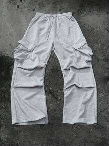 Claim Dot Men's Street-Style, Loose Fit Wide-Leg Baggy Sweatpants, Elastic Waist, Functional Pockets, Utilitarian Elements, Practical & Fashionable, Suitable For Streetwear, Sports, Outdoor Activities, Gym, Casual Daily Wear, Holidays, Unisex - Light Grey - View 2