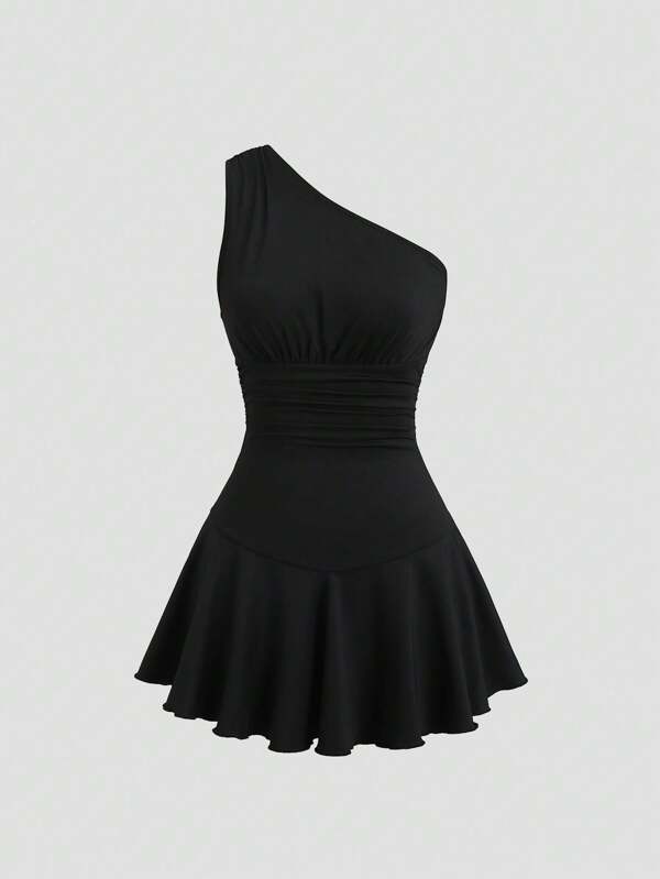 Sweetra Women's Summer Black Asymmetrical Shoulder Bodycon Short Knit Dress