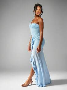 MISSGUIDED Vestido de noche largo de gala con diseño de volante bandeau, con abertura alta en la Bottom, estilo sirena, largo hasta el piso, para ocasiones especiales y ceremonias - Azul - Ver 3