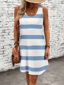 EMERY ROSE 休闲简约蓝色航海风格条纹不对称全印花图案女装连衣裙，适合夏季蓝白条纹连衣裙夏季休闲连衣裙女士休闲夏装适合外出时尚连衣裙 - 彩色 - 查看 5
