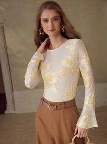 MOTF PREMIUM WOMEN EMBROIDERED ELASTIC MESH SLIM FIT FLARED SLEEVE T-SHIRT - Apricot - View 6