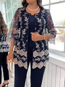 SHEIN Clasi 大码优雅刺绣网眼上衣和裤子两件套，夏季 - 藏蓝色 - 查看 6