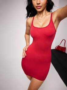 SuitURBody Solid Ribbed Slim Fit Tight Red Mini Cami Shapewear Dress