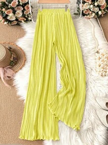 SHEIN Tall Women Standard Size Solid Color Pleated Straight Leg Pants Fall Cloth For Women - Yellow - View 2