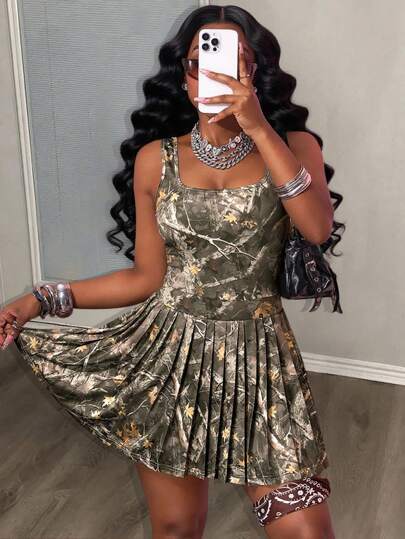 Slaydiva 2025新款春夏休闲简约基础款U领I字背心全长枯叶枝印花百褶连衣裙迷你裙超短裙A字裙裤子针织面料女装迷你裙Y2K连衣裙