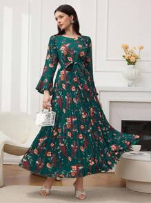 Modelyn 圆领印花喇叭褶迷你连衣裙 - 綠色 - 查看 4