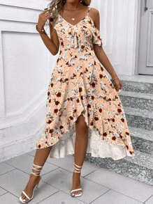 SHEIN Clasi Women's Ruffle Floral Printed Ruffle Hem Vacation Dress Maxi Women Outfit - Multicolor - View 3