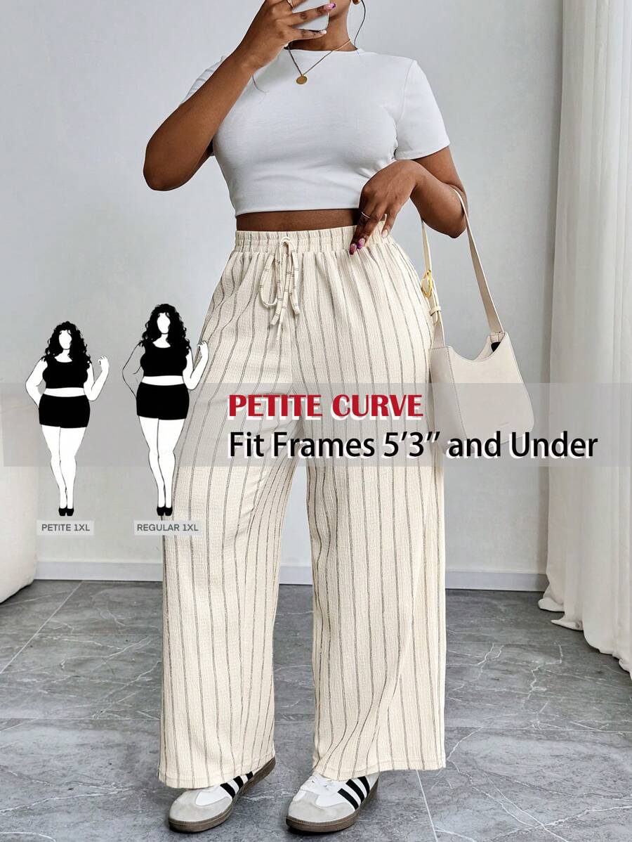 SHEIN PETITE CURVE 大码女式条纹系腰直筒宽松休闲裤,松紧腰褶皱纹理直筒裤,适合日常穿着,适合春夏秋季,法国度假女装夏季女装夏季女装下装女装夏季,夏季裤子 - 杏色 - 查看 1