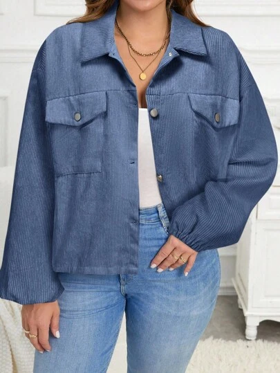 SHEIN LUNE Chaqueta de pana suelta con botones delanteros de uso diario informal, chaqueta de pana azul, chaqueta de pana para mujer, chaqueta de pana oversize, chaqueta de pana talla grande, chaqueta camisa de pana