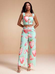 Becci Summer Fruit Strawberry Print Woven Cami Top And High-Waist Wide-Leg Pants Set Vacation Co-Ords
