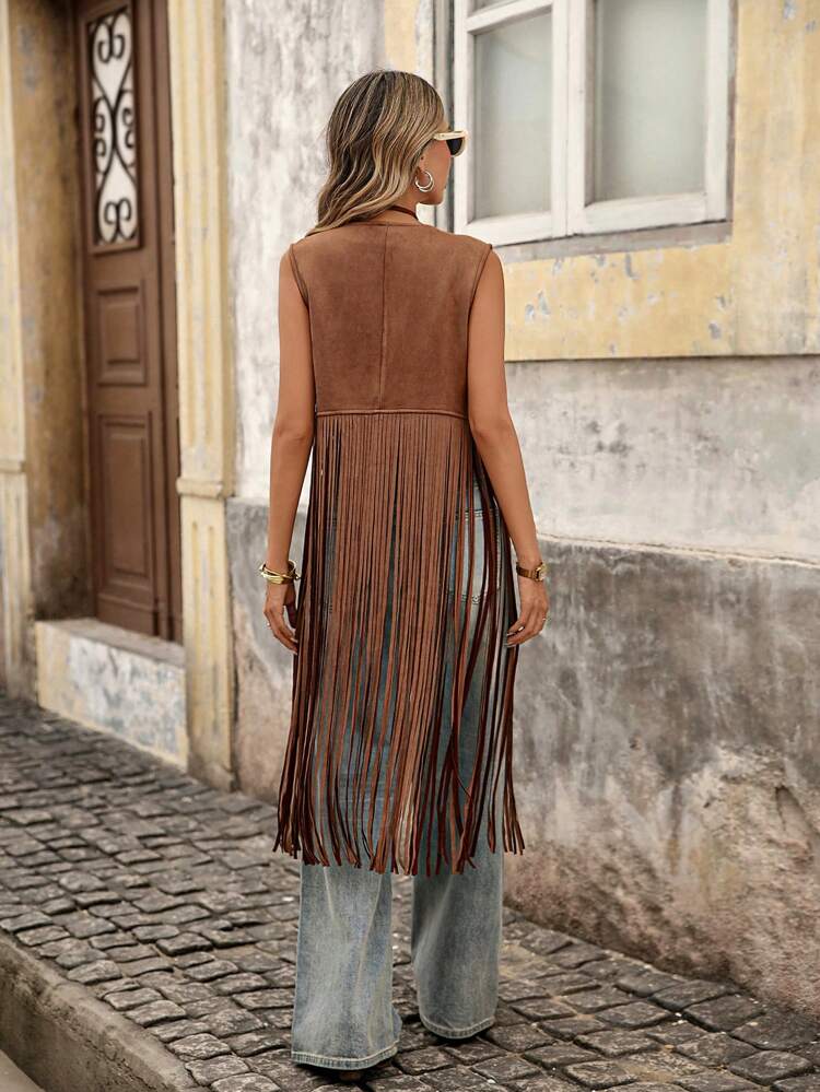 Studded Detail Fringe Hem Vest Coat In Fall/Winter