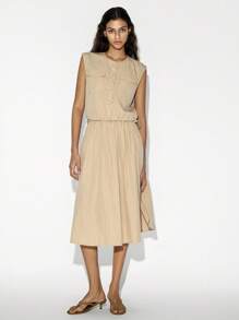 Lumivelle Bộ áo cổ tròn cho nữ kèm chân váy viền tròn cạp cao - Màu Khaki - Xem 4