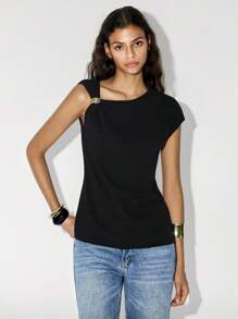 SHEIN Luminelle Áo thun cổ bẻ khóa kim loại thời trang nữ, áo đen mùa hè - màu đen - Xem 3