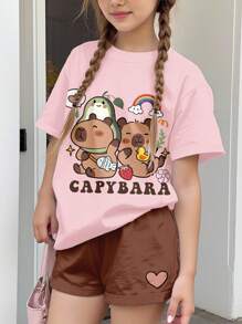 SHEIN Tween 女童休闲简约短袖短裤两件套，适合夏季 - 彩色 - 查看 4