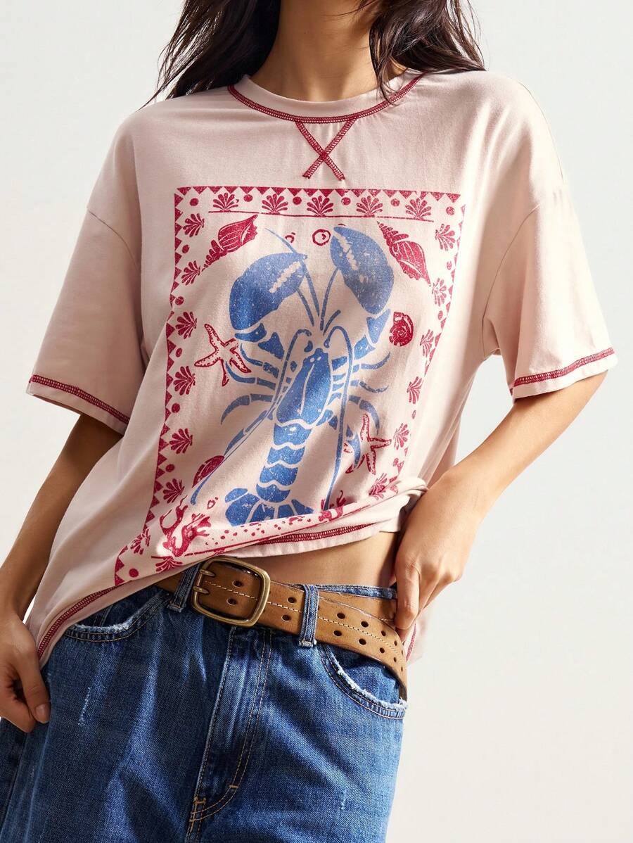 Bohemela 波西米亚风夏季休闲度假风格海洋印花针织圆领宽松水洗 T 恤 - 白色 - 查看 1