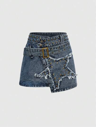 Grunge Punk Women's Punk Emo Dark A-Line Cross Studded Denim Mini Skirt