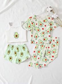 SHEIN Playful Pals 女嬰4入組休閒日常穿搭萌趣酪梨印花套裝，春夏適用