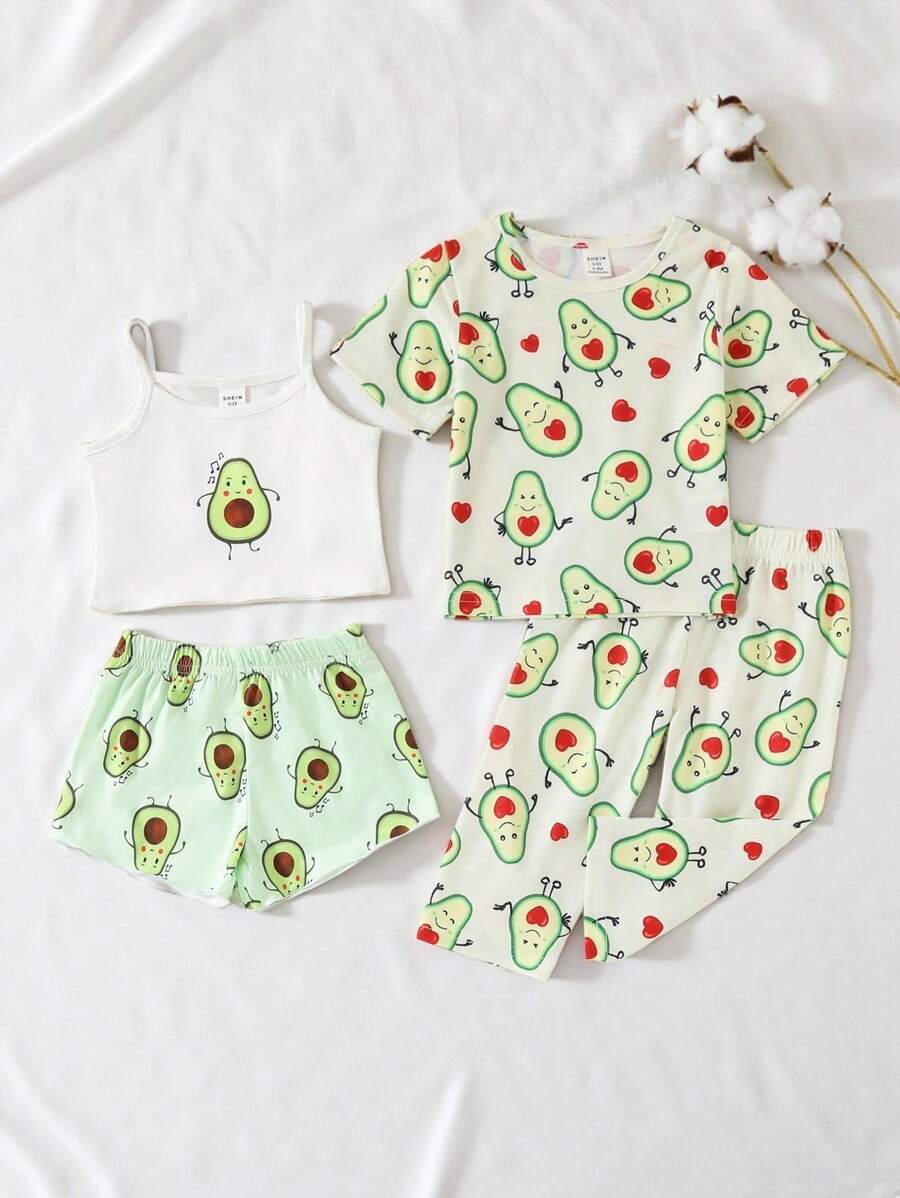 SHEIN Playful Pals 女嬰4入組休閒日常穿搭萌趣酪梨印花套裝，春夏適用