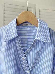 SHEIN Tween Girl Loose-Fit Casual Striped Collared Button-Up Asymmetric Hem Ruffled Shirt, Comfortable & Elegant Daily School Blue Striped Shirt Striped Collared Shirt Blue And White Striped Summer Shirt Fall Winter - Blue - View 3