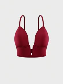 DesireSculpt 1 件女士纯色性感深 V 领露背文胸 - 酒紅色 - 查看 6