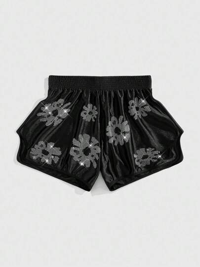 Street Life Men's Floral Rhinestone Decor Elastic Waist Boxing Shorts
