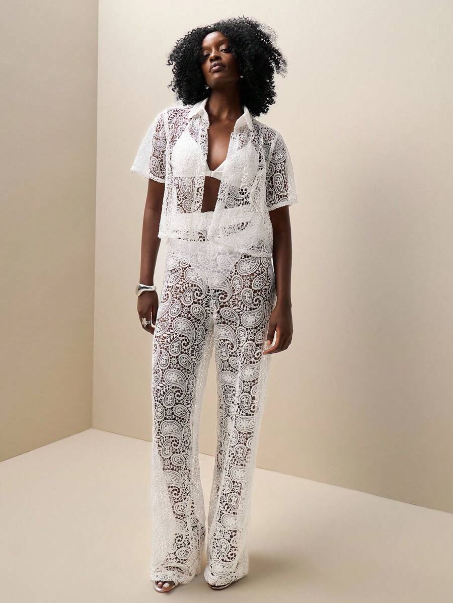 Zolique Solid Color Elastic Waist Fashionable Sexy Lace Trousers Fall Cloth For Women - White - View 1