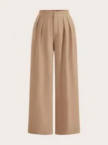 SHEIN PETITE CURVE 两件套加大码高腰裤套装，黑色+卡其色，两件套阔腿裤，高腰褶皱阔腿裤，黑色长裤，宽松版型，长裤，商务休闲女装，适合身材娇小的女性，春季女装，毕业典礼，优雅休闲，女士正装，黑色长裤，高腰，宽松裤 - 彩色 - 查看 7