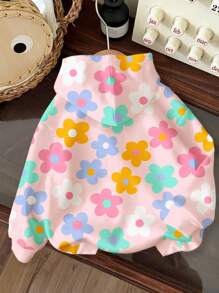 SHEIN 可爱卡通彩色多巴胺花朵印花，年轻女孩休闲宽松舒适连帽长袖针织衫，适合秋冬季，返校