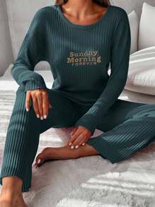 EURMUSE Letter Pattern Drop Shoulder Rib Knit Loungewear Set - Army Green - View 5