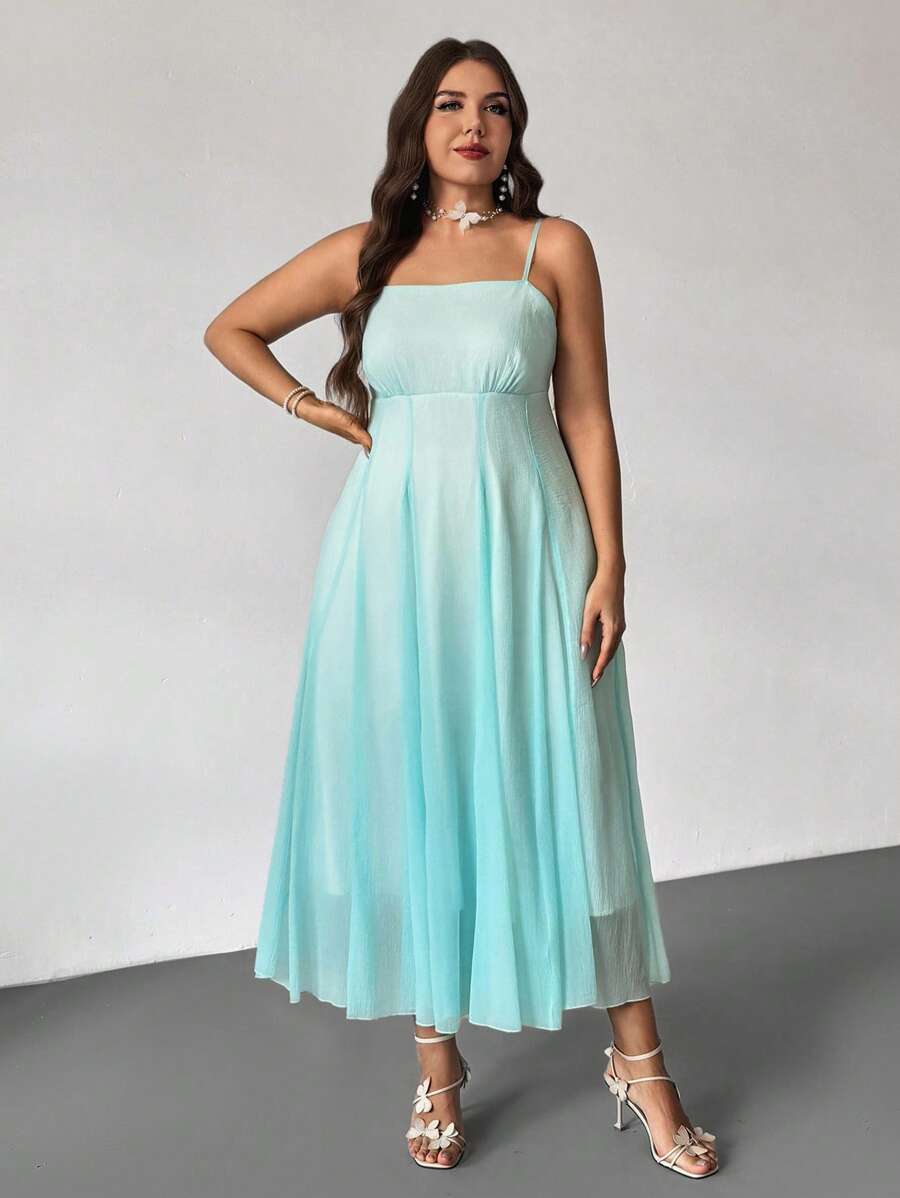 Firerie Plus Size Women's Square Neck Ruffle A-Line Midi Dress,Light Green Summer Elegant Weddimg Guest,High Waist Strap Dress For Valentine's Day,Wedding - Green - View 1