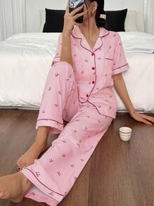 Dream Adore Floral Print Lapel Short Sleeve Pajama Set - Pink - View 2